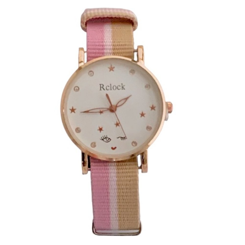 Watch Women’s Analog Round  Adjustable Preppy Stripe Canvas Band Pink Tan - Picture 10 of 12